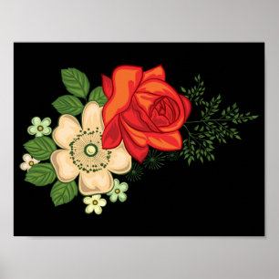 Affiches Rose rouge et marguerites sur fond noir