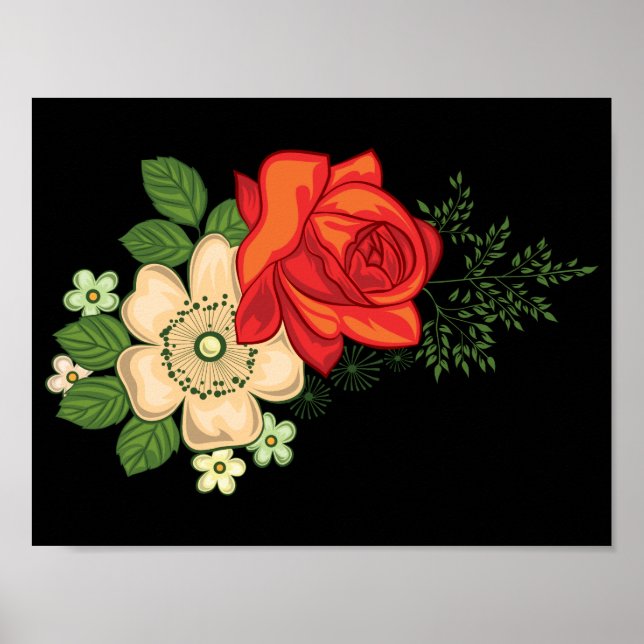 Affiches Rose rouge et marguerites sur fond noir (Devant)