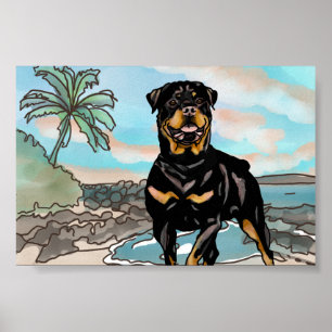 Affiches Rottweiler Playing at Hawaii Beach