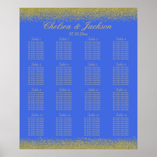 Affiches Royal Blue and Gold Confetti - 16 Seating Chart (Devant)