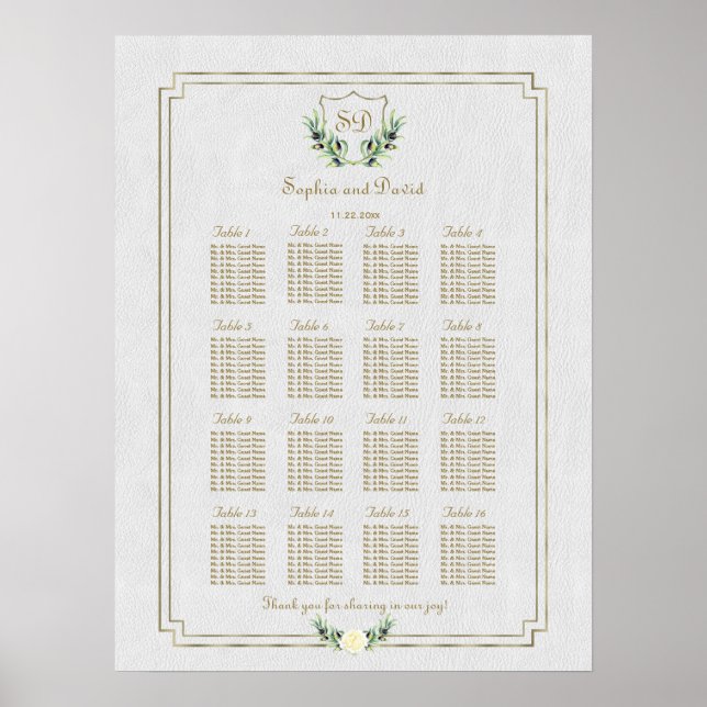 Affiches Royal Gold Crest Lush Greenery Seating Chart (Devant)