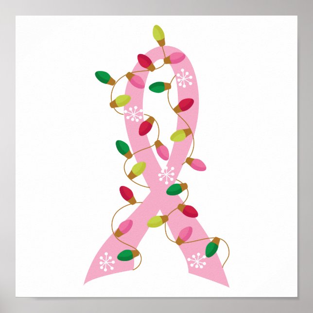 Affiches Ruban rose Avec Lumières De Noël Cancer Du Sein (Devant)