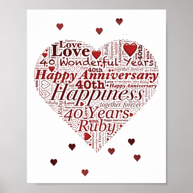 Affiches Ruby 40th Mariage Anniversaire Word Art Imprimer (Devant)