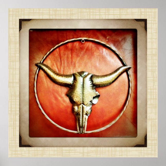 Affiches Rustic Country Bull Horns Faux Design en cuir (Devant)
