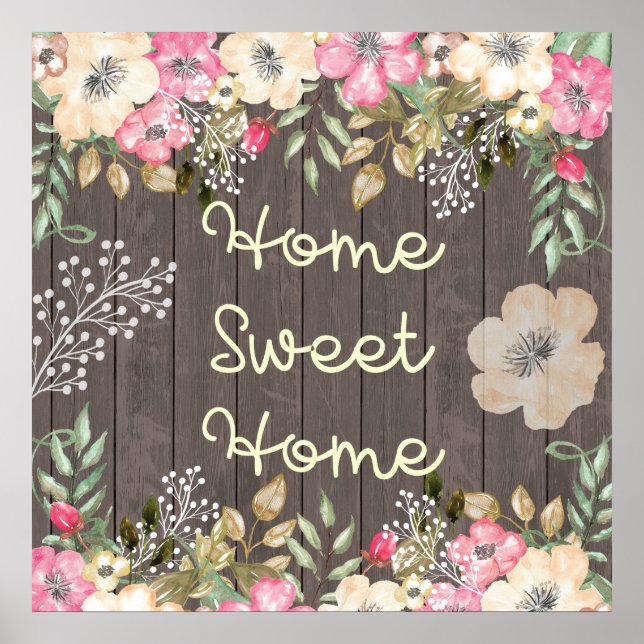 Affiches Rustic Look Home Sweet Home Floral Bois (Devant)