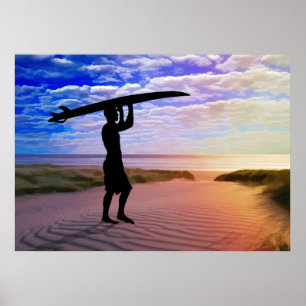 Affiches Sable et nuages de surfer de coucher du soleil