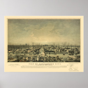 Affiches Sacramento, carte panoramique de CA - 1850