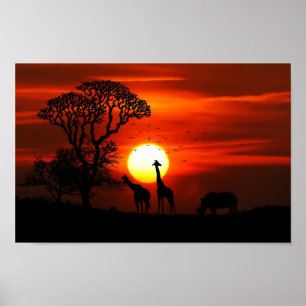 Affiches Safari Africain Sunset Animal Silhouettes