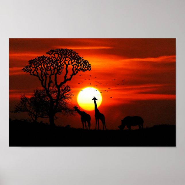 Affiches Safari Africain Sunset Animal Silhouettes (Devant)