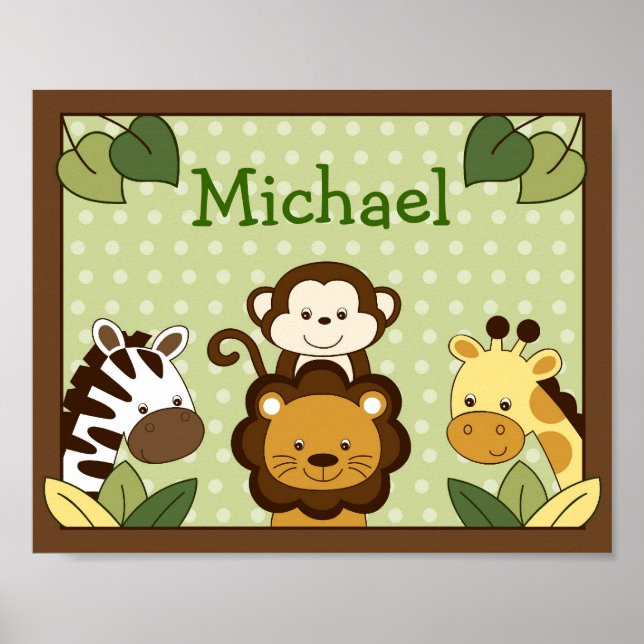 Affiches Safari Jungle Animal Nursery Mur Art Nom Imprimer (Devant)
