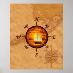 Affiches Sailboat and compass rose