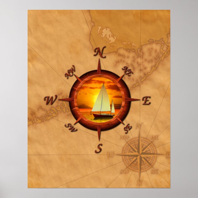 Affiches Sailboat and compass rose (Devant)