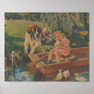 Affiches Saint Bernard, Canards, Petite fille en bateau