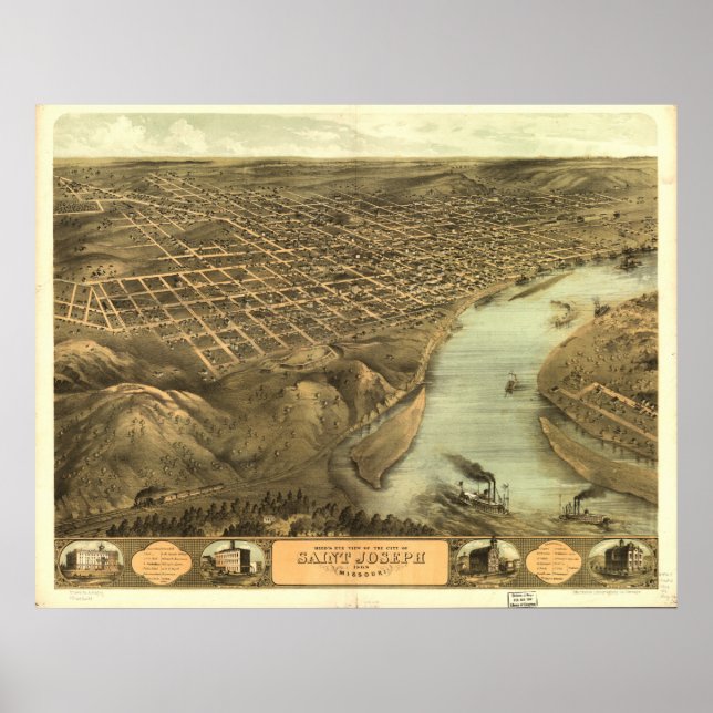 Affiches Saint Joseph Missouri 1868 Carte panoramique antiq (Devant)
