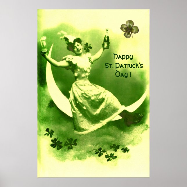 AFFICHES SAINT PATRICK'S DAY LUNE LADY AVEC SHAMROCK (Devant)