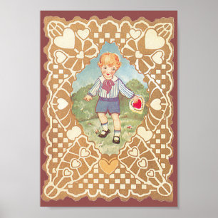 Affiches Saint-Valentin mignon vintage, garçon dans une pra