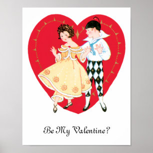 Affiches Saint-Valentin vintage, Fille, Arlequin et Cœur