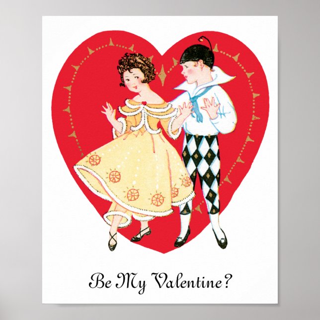 Affiches Saint Valentin vintage, fille, arlequin et coeur (Devant)