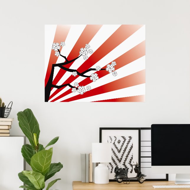Affiches Sakura Sunrise White Cherry Blossoms Flowers Zen (Bureau à domicile)