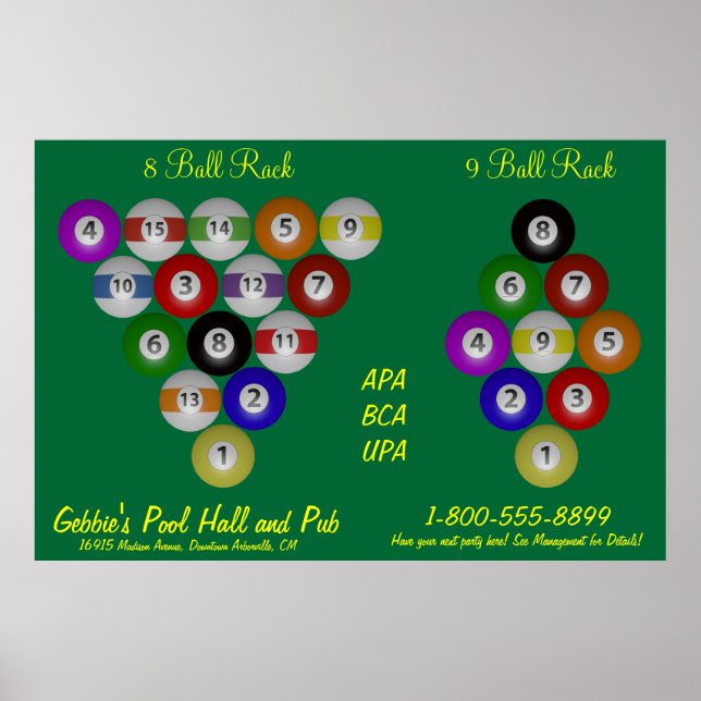 Affiches Salle de billard de 8 balles 9 balles (Devant)