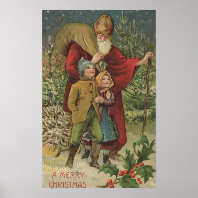 Affiches Salutation de NoëlSanta Marcher avec les enfants (Devant)