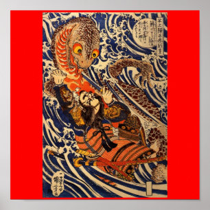 Affiches Samouraï combattant de grands reptiles vers les an