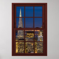 San Fran Skyline à Night Faux Cherry Wood Window