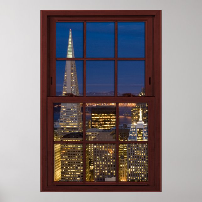 Affiches San Fran Skyline à Night Faux Cherry Wood Window (Devant)