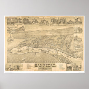 Affiches San Pedro, CA. Carte panoramique 1895 (1319A)