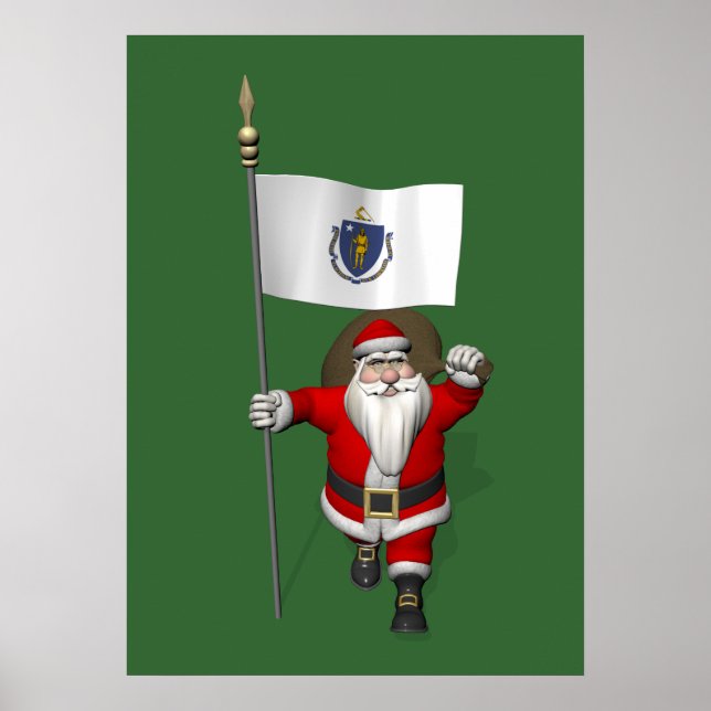 Affiches Santa Claus With Ensign Of Massachusetts (Devant)