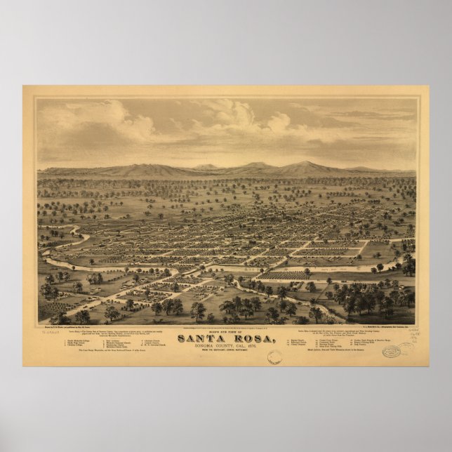 Affiches Santa Rosa California 1876 Panoramic Map (Devant)