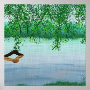 Affiches Scène de rivière avec des arbres et une bûche par