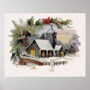 Affiches Scène d'église de Noël d'aquarelle
