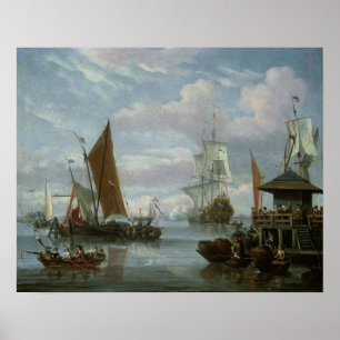 Affiches Scène estuaire avec Bateaux et Pêcheur
