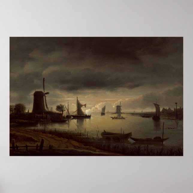 Affiches Scène néerlandaise de rivière avec le moulin à (Devant)