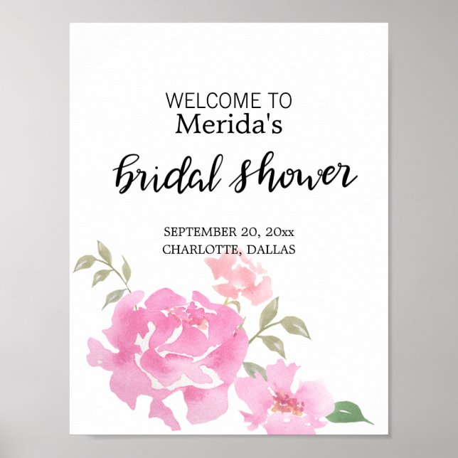 Affiches Script de Fête des mariées Aquarelle Pink Peonies (Devant)