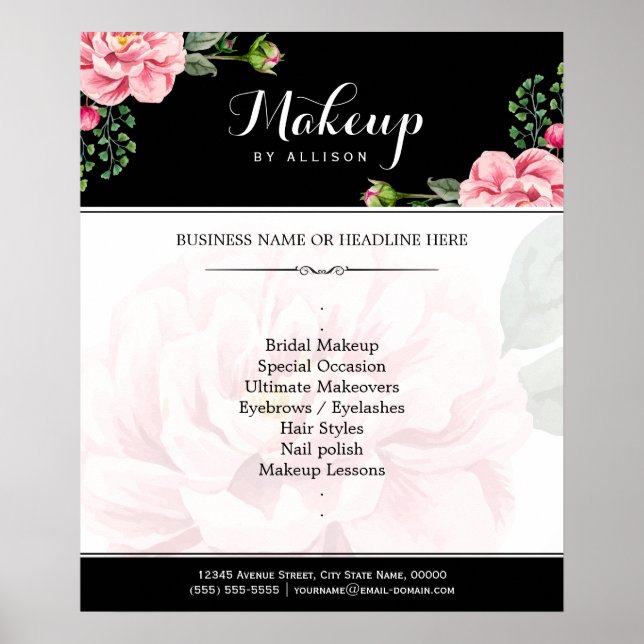Affiches Script de maquillage floral moderne noir blanc (Devant)