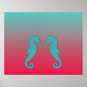 Affiches Seahorse turquoise silhouettes Simple Nautical