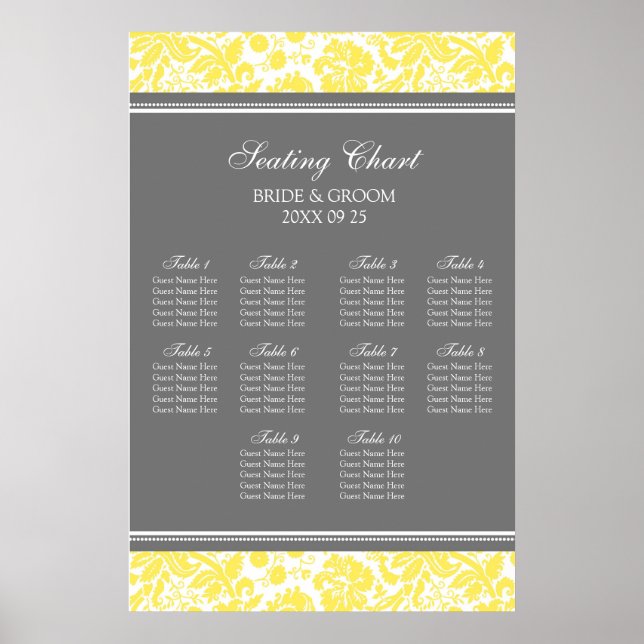 Affiches Seating Chart 10 Tables Yellow Grey Damask (Devant)