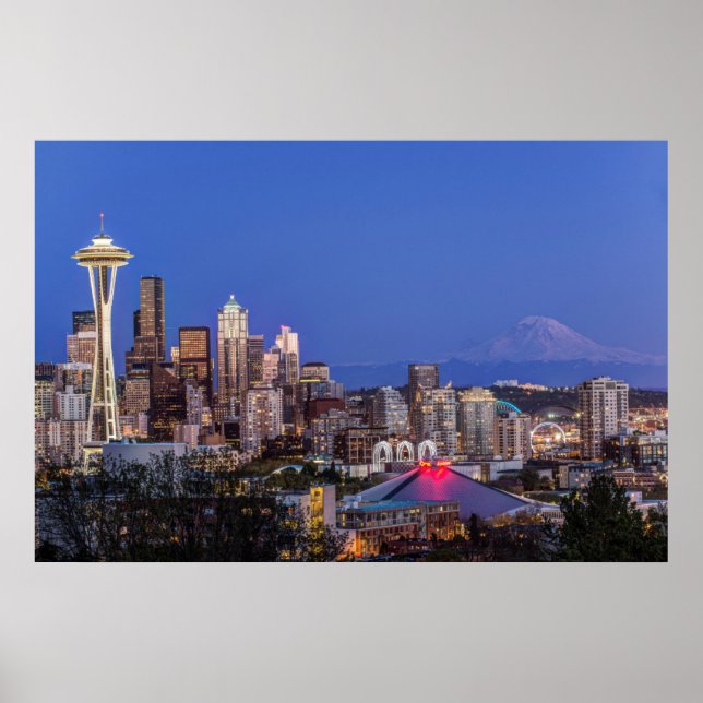 Affiches Seattle, Downtown and Mt. Rainier at Twilight (Devant)