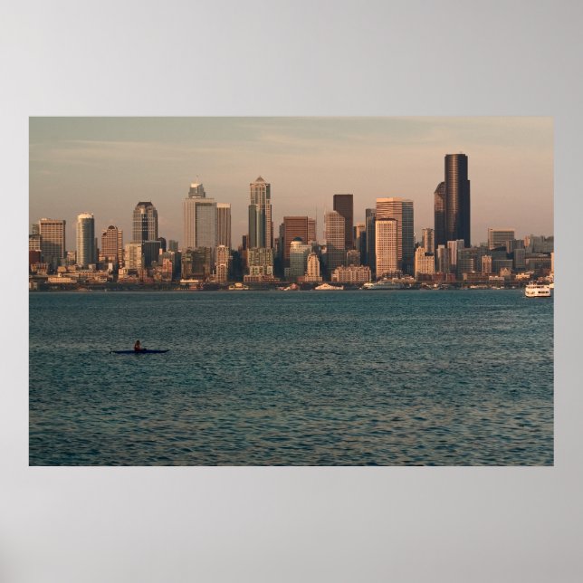 Affiches Seattle Skyline au coucher du soleil avec Kayaker  (Devant)