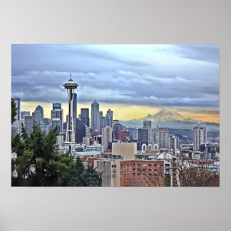 Affiches Seattle Skyline dans le brouillard et la pluie