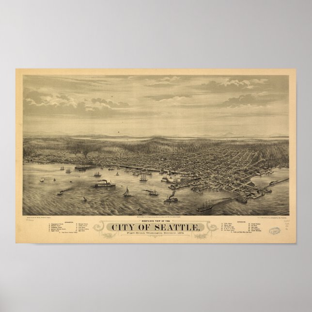 Affiches Seattle Washington 1878 Antique carte panoramique (Devant)