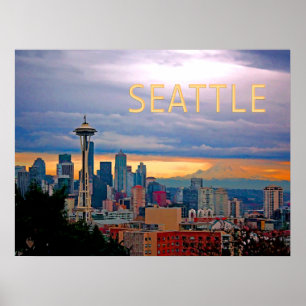 Affiches Seattle Washington Skyline à Sunset TEXT SEATTLE