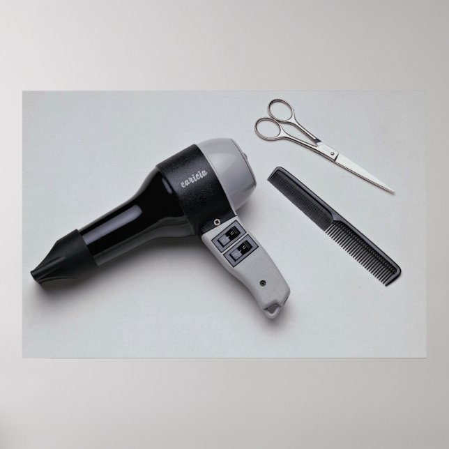 Affiches Sèche-cheveux avec ciseaux et peigne (Devant)