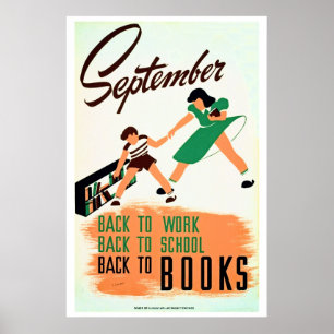 Affiches Septembre vintage retour au travail, école, livres