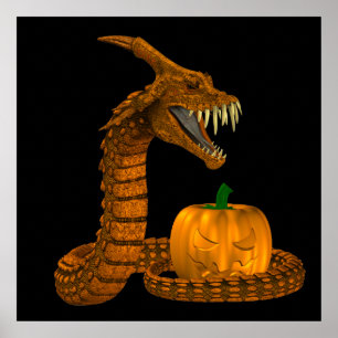 Affiches Serpent D'Effroi Protégeant Un Citrouille