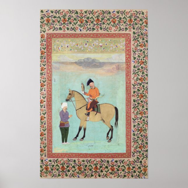 Affiches Shah Abbas sur un cheval tenant un faucon (Devant)