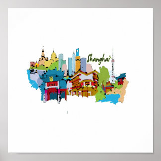 Affiches shanghai ville aquarellée teintes muettes design.p