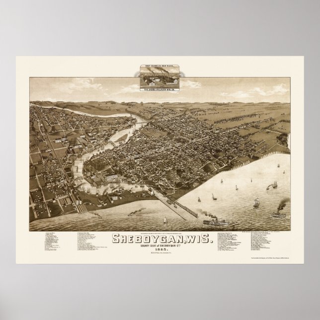 Affiches Sheboygan, WI Carte panoramique - 1885 (Devant)